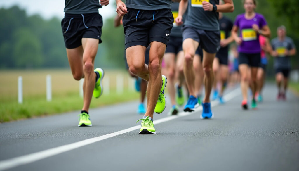 marathon runners close up: team sport & healthy energy on road